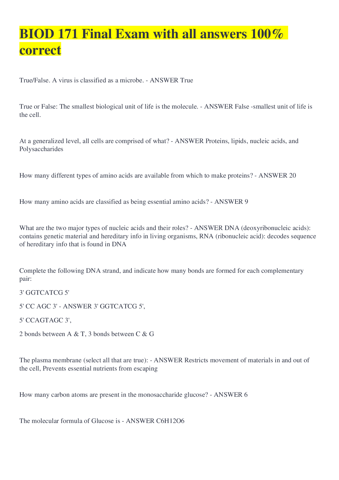 Preview of BIOD 171 Final Exam with all answers 100% correct